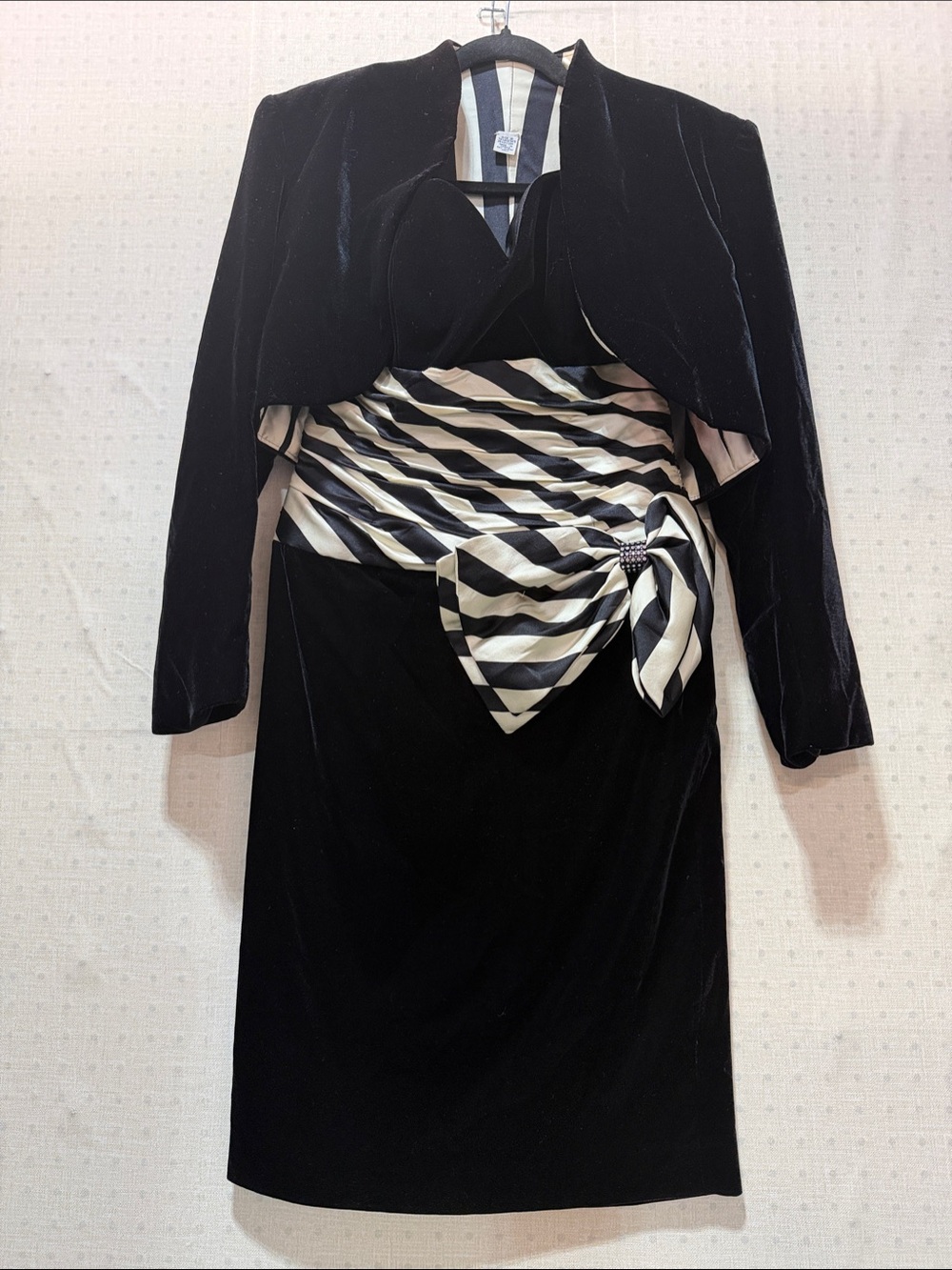 A.J. Bari Black Velvet Midi Dress with Black-and-Cream Striped Sash